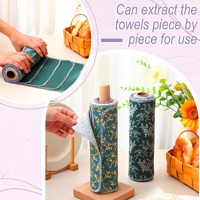 Redbaker 50 Pcs Reusable Paper Towels Paperless Reusable Cotton Cloths Toilet Absorbent Washable Paper Towels with Roll Kitchen Dishcloth for Kitchen Paperless Dishcloths(Orchid Flower)
