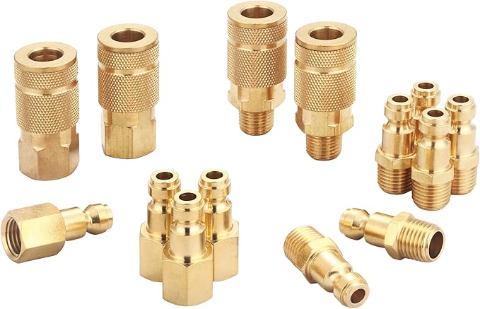 Coupler and Plug Kit (14 Piece), Automotive Type C, 1/4 Inch NPT, Solid Brass Quick Connect Air Fittings Set