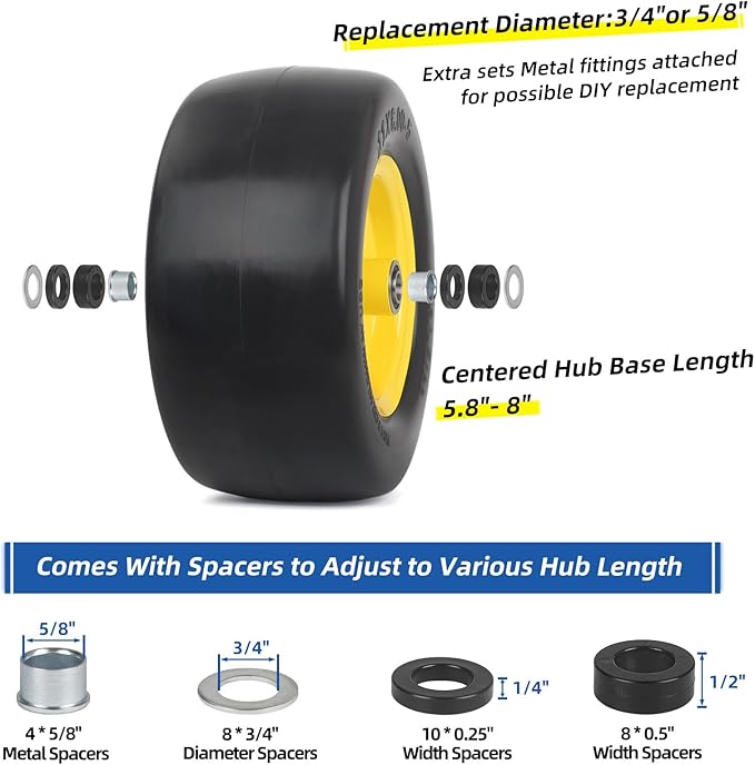 11x6.00-5 Flat Free Zero Turn Mower Tire and Wheel, 11x6-5nhs Riding Mowers Lawn Tire and Wheel with 3/4" Bearing, 5.8" -8" Centered Hub, 2 Pack