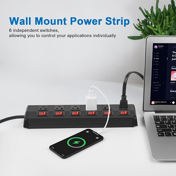 CCCEI Metal Power Strip Individual Switches 6 Outlets, Heavy Duty Power Strip 20Amp Surge Protector for Appliances, 15FT Extension Cord Strip, 1200J Surge Protector 20A 125V 2500W.