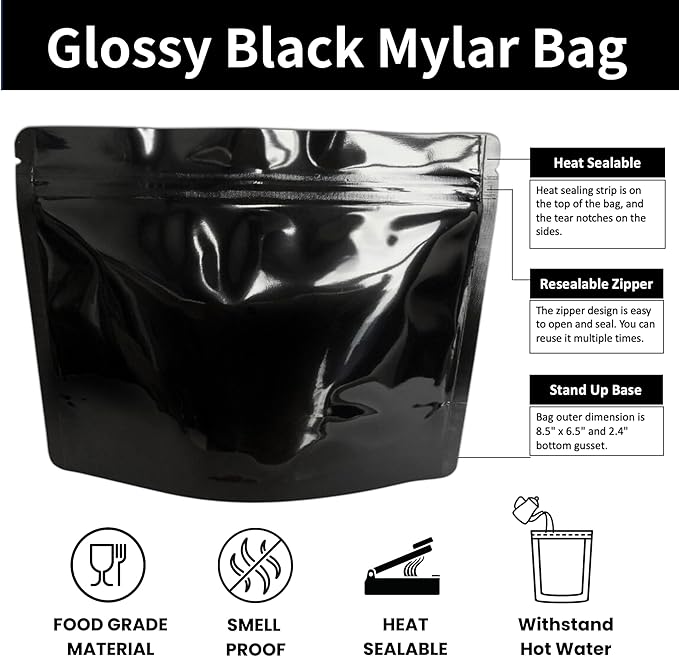 50 Pack 7.5 Mil Black Mylar Stand Up Bags - 8.5x6.5 Inches Resealable Smell Proof Zipper Pouch Bag withstand Hot Water - Heat Sealable Foil Packaging Pouches for Food Storage - Glossy Black