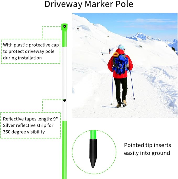 Driveway Markers Snow Stakes 60 inch Green Plow Stakes Reflective Fiberglass, Pack of 25 for Parking Lots, Walkways