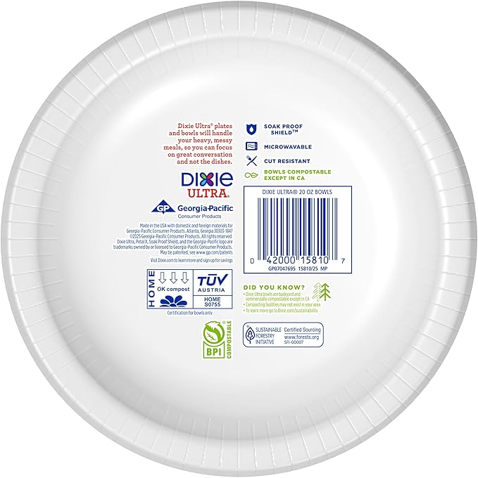 Dixie Ultra, Large Paper Bowls, 20 Oz, 56 Count (Pack of 2), Microwave Safe, Compostable, Disposable Bowls Great For Breakfast, Lunch, And Dinner Meals