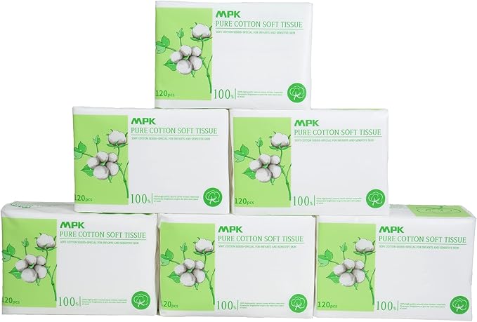 MPK-100% Cotton Baby Dry Wipes, Baby care，Unscented and Hypoallergenic, 120pcs/pack, 720pcs/6pack Odorless Disposable Facial Tissues，Baby Necessities for Diaper Changes, Meals,Wet and Dry Use