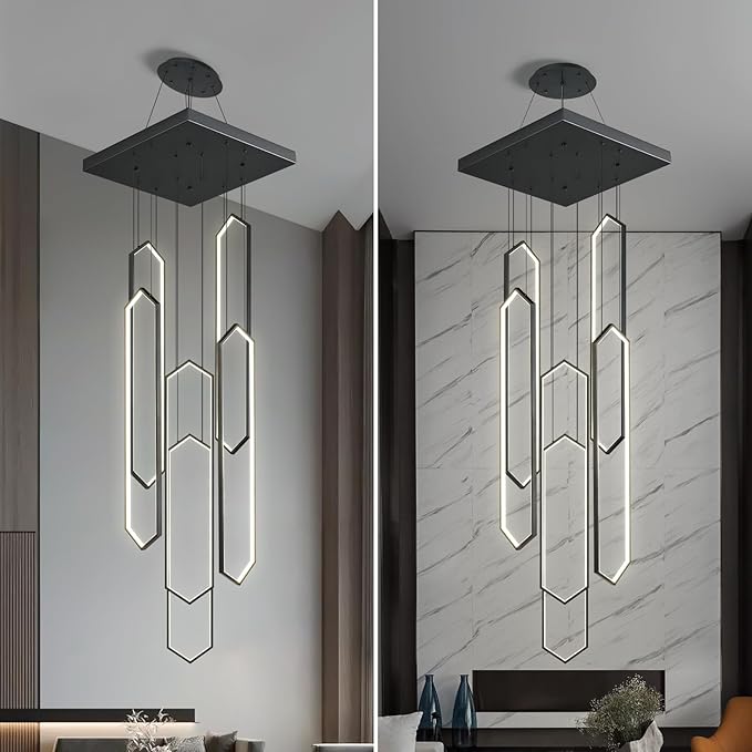 Modern Adjustable Height Chandelier Black 4000K LED Pendant Lights 6 Rings Rectangular Celling Light Staircase Large Chandelier for High Ceilings Foyer Entryway