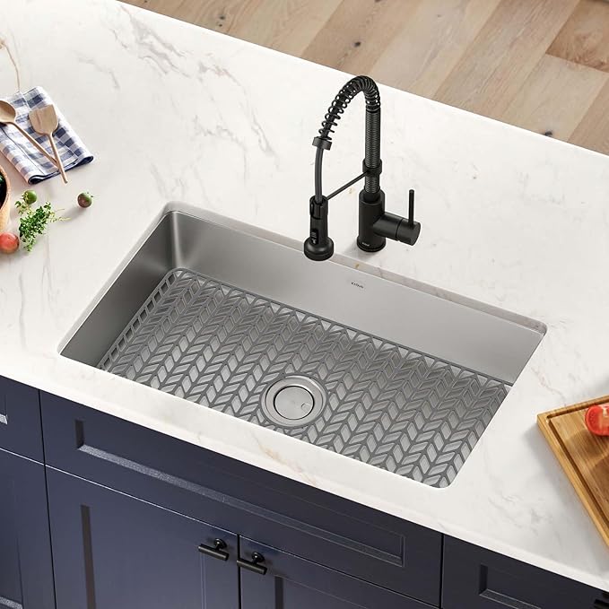 GUUKIN Sink Protectors for Kitchen Mat - 30"x 16" Silicone Kitchen Sink Mat Grid for Bottom of Farmhouse Stainless Steel Porcelain with Center Drain（Grey）