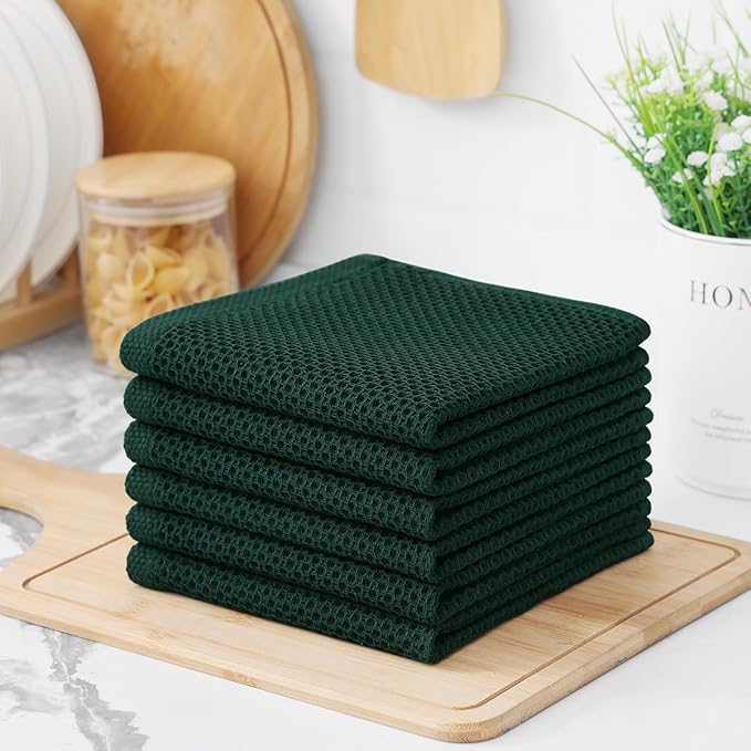 Kitinjoy 100% Cotton Kitchen Dish Cloths, 8 Pack Waffle Weave Ultra Soft Absorbent Dish Towels for Drying Dishes Quick Drying Kitchen Towels Dish Rags, 12 X 12 Inches, Blackish Green