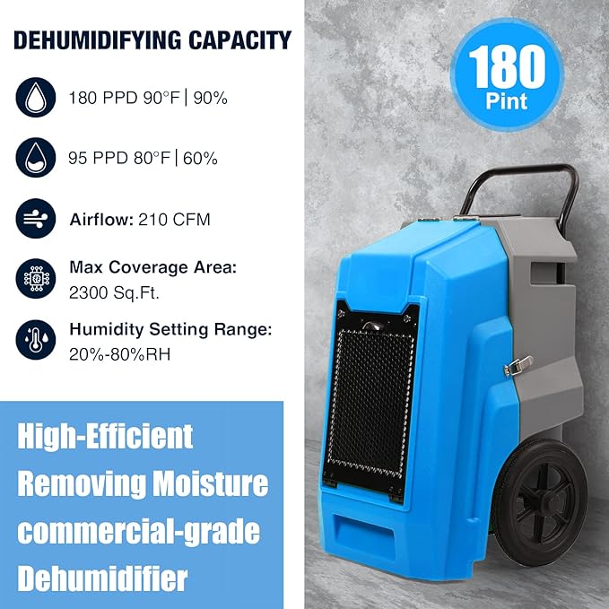 MOUNTO 180Pints Commercial Dehumidifier with Pump and Drain Hose, LGR Portable Dehumidifier with wheels for Home, Basements, Garages, and Job Sites.