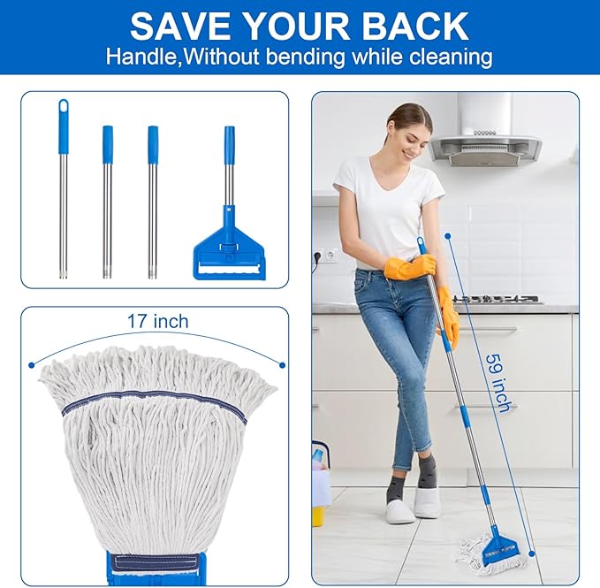KeFanta Commercial Mop 60 inch Heavy Duty Industrial Wet Mops with Long Handle,Looped-End String Cotton Mop for Home, Kitchen,Garage,Office and Concrete/Tile Floor Cleaning,2 Packs