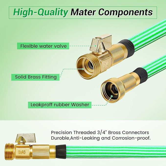 Non-Expandable Garden Hose 50 ft, Flexible Water Hose with 10 Function Nozzles, Leak-Proof Design High-Density Fabric&Shut-Off Valve, Hose Straps Garden Hose Pipe for Car Wash, Yard, Camper, Lawn