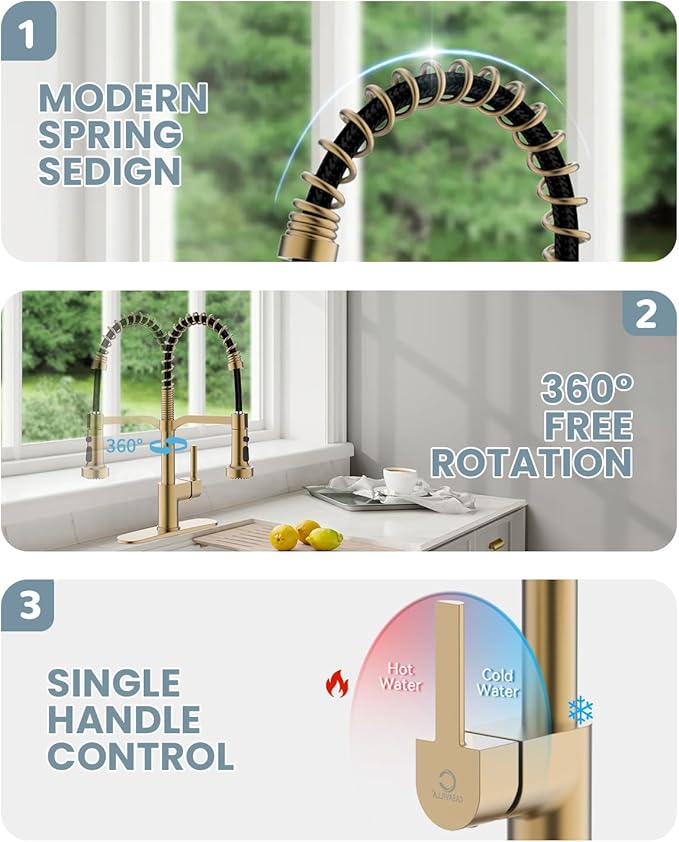 Gold Kitchen Faucet Soap Dispenser, Faucet for Kitchen Sink, Kitchen Sink Faucet with Deck Plate, RV Kitchen Faucet with Pull Down Sprayer and Dual Function Spray Head
