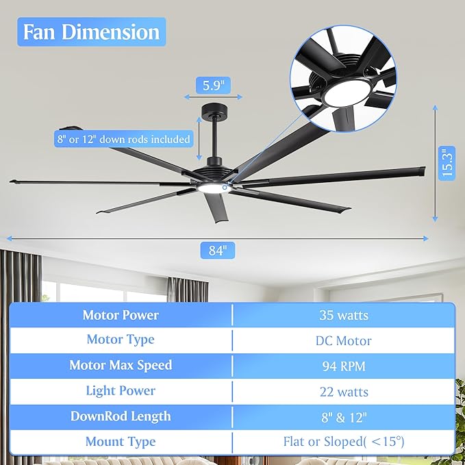 Industrial Ceiling Fans with Lights and Remote, 84 Inch Black Large Ceiling Fan with Dimmable Light, Outdoor Ceiling Fans for Patio, Living Room, Garage, 6-Speed Reversible DC Motor, 7 Aluminum Blades