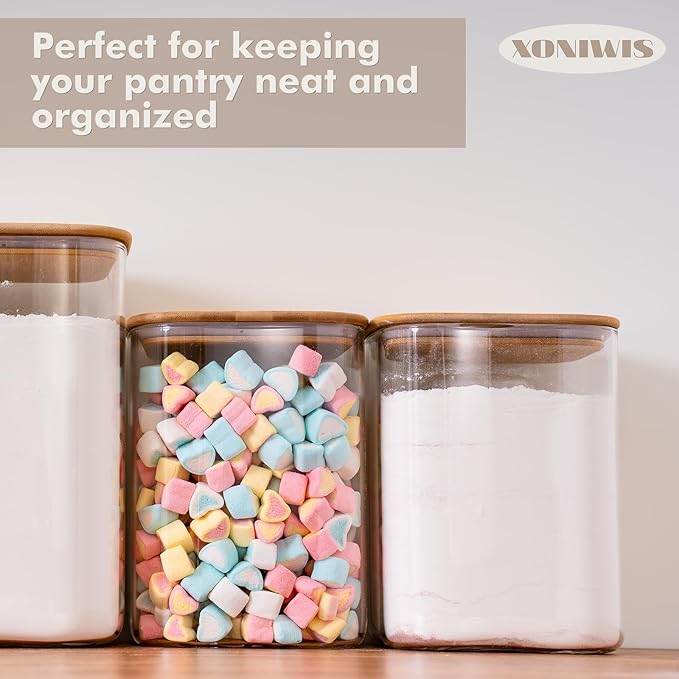 1.2 Gallon (148oz) 2PCS Large Glass Food Storage Containers, Wide Mouth Storage Containers with Tight Lids Square Glass Jars for Flour and Sugar Cereal Rice Pasta Oats Wheatmeal Coffee Niblet