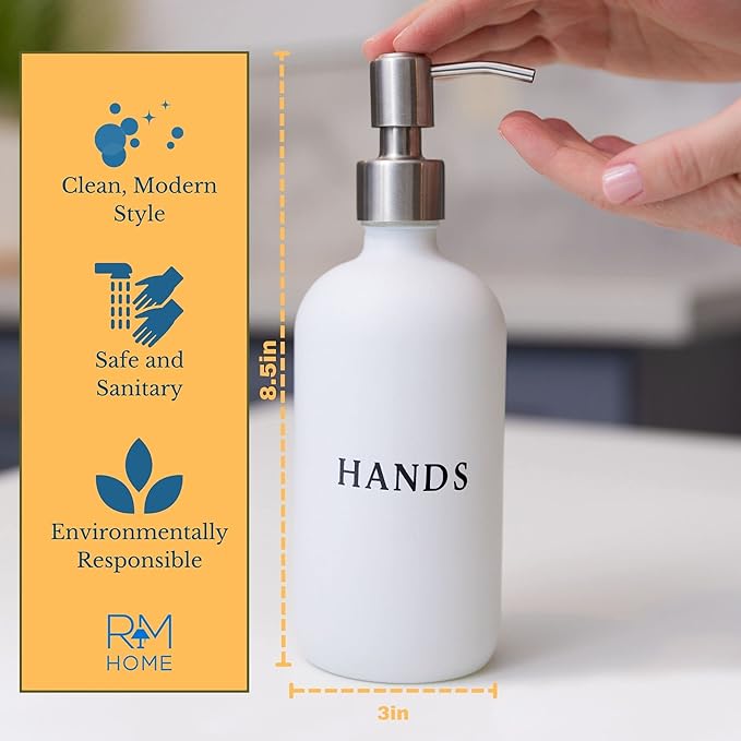 White Glass Hand and Dish Soap Dispenser Set - Modern Farmhouse Sink Accessories - 16 oz Kitchen Sink Set With Tray, Stainless Pumps & Funnel