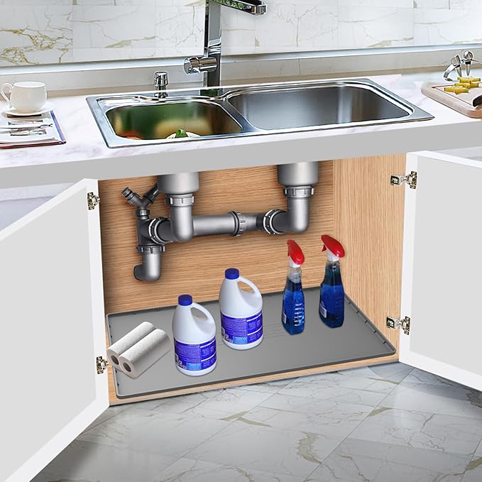 Under Sink Mat for Kitchen Waterproof, 31" x 19" Silicone Under Sink Liner Kitchen & Bathroom Cabinet Protector Mats, Heavy Duty Flexible Under Sink Drip Tray with Lip, Cool Grey