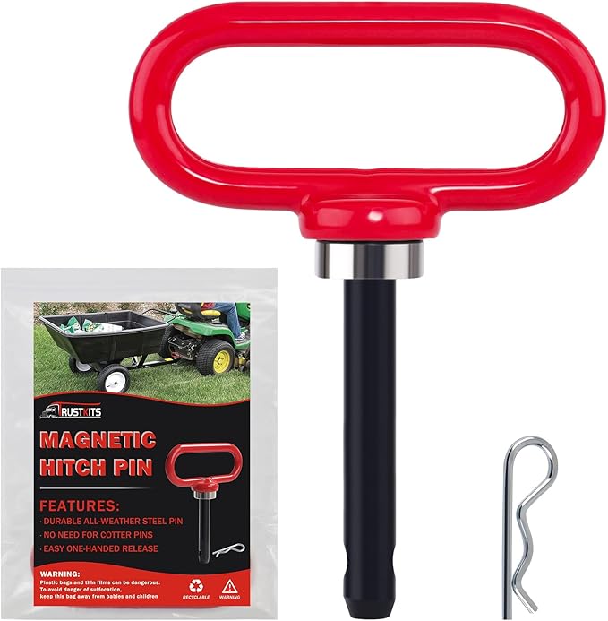 Magnetic Hitch Pin, Heavy Duty Ultra Strong Neodymium Magnet Lawn Mower Trailer Gate Pins Accessories 1/2 Inch for Mowers, Lawn Tractors, Towing - Simple One Handed Hook On & Off(Red)