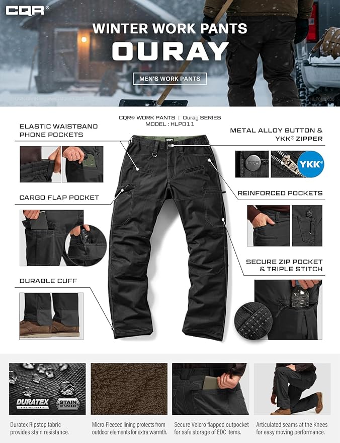 CQR Men's Winter Tactical Cargo Pants, Thermal Fleece Lined Outdoor Snow Ski Hiking Work