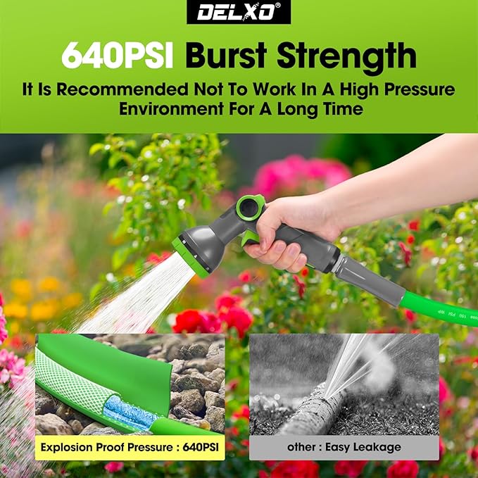 Delxo Garden Hose with Nozzle, 3/4 in. x 50 FT Non-Expanding Water Hose with Aluminum Alloy Interface, Heavy Duty Manguera Para Jardin, Water Pipe, Easy to Use for Gardening, Car Washing & Storage