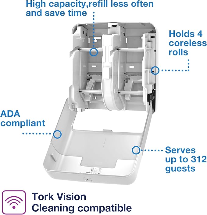 Tork OptiServe 4-Roll Coreless Toilet Paper Dispenser White T7/T5, Vertical Dispenser, Elevation Design + Tork OptiServe Coreless Toilet Paper White T7, Universal, 2 Ply, 36 x 1000 Sheets