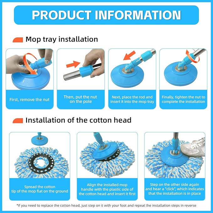 Spin Mop Replacement Handle, 47.6-inch 360 Degrees Rotating Telescopic Replacement Mop Stick with a Robust Stainless Steel Disc for Spin Mop Bucket Cleaning System (Stainless Steel Disc,Blue)