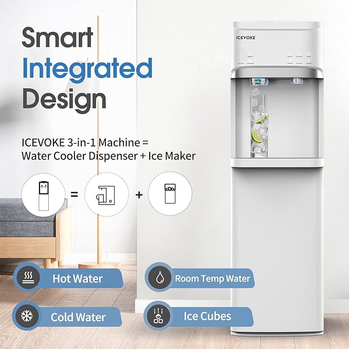 Self-Cleaning Water Dispenser with Ice Maker, Bottom Loading Hot and Cold Water Cooler for 5 Gallon Bottle - Includes Child Safety Lock & Nightlight - Water Machine for Home, Office, White