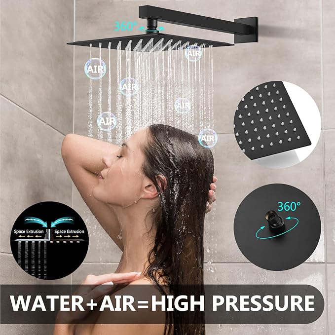 Shower Faucet Set Rainfall Shower System with Square Showerhead and Handle Set Fixture with 2 in 1 Function Handheld Sprayer Wall Mounted Trim Repair Kit Rough-in Valve 10 Inch Matte Black