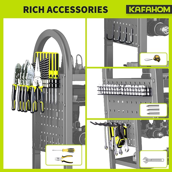 KAFAHOM Power Tool Organizer - 4 Tier Rolling Tool Cart with 8-12 Drill Holder,Tool Storage Cart on Wheels - Heavy Duty Metal Utility Tool Shelf for Garage, Workshop, Warehouse & Repair Shop