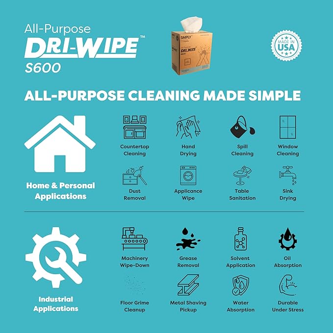 Dri-Wipe S600 by SMPLY Brands – All-Purpose Disposable Wipes, 10 Boxes of 126 (1,260 Total), Strong Alternative to Shop Towels & Paper Towels, 8" x 14" Center-Pull Sheets