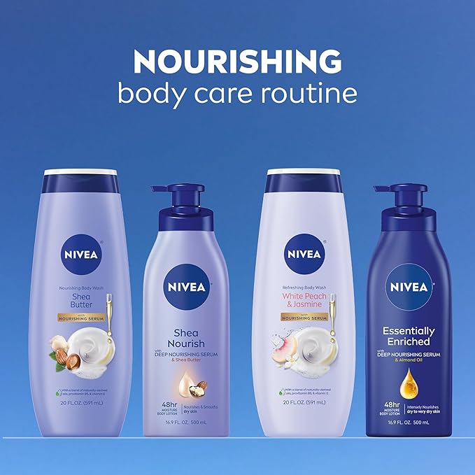 NIVEA Nourishing Shea Butter Body Wash, 20 Fl Oz Bottle Refreshing White Peach and Jasmine Scented Body Wash, 20 Fl Oz Bottle, Skin Care Set with Provitamin B5 and Vitamin E