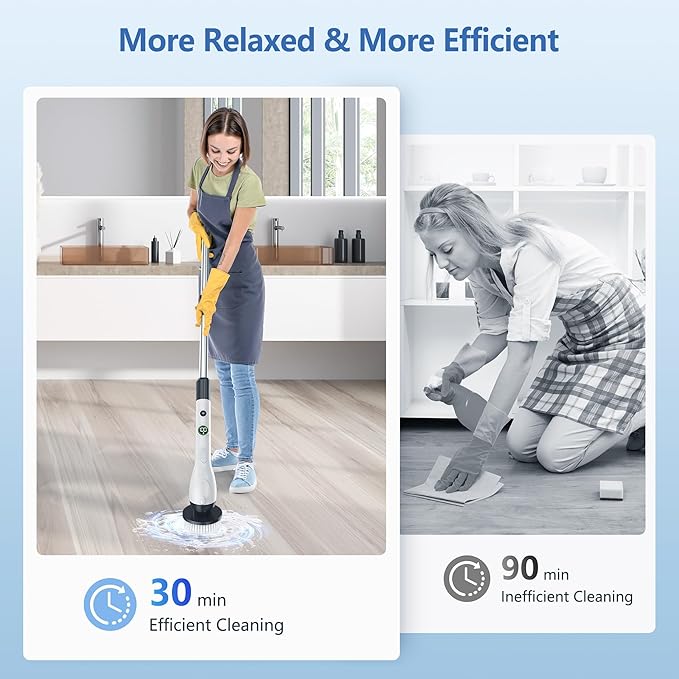 Electric Spin Scrubber, Cleaning Brush with 8 Brush Heads, IPX7 Waterproof LED Display, Adjustable Extension Handle Shower Scrubber for Bathroom Floor Tub Tile (Black)