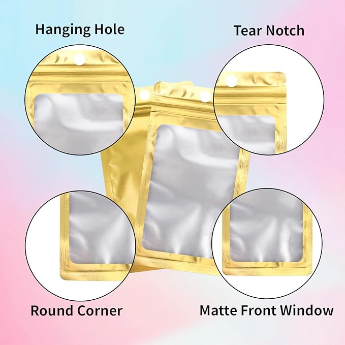 200 Pack Resealable Mylar Holographic Bags Food Storage Smell Proof Bags with Front Window Foil Packaging Pouch for Candy Sample Jewelry Small Business 2.95×4.72 Inch, Gold