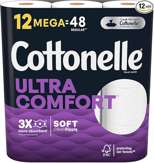 Cottonelle Ultra ComfortCare Toilet Paper - Beige, Mega Rolls (12 = 48 Regular), Soft Bath Tissue, 3408 Sheets