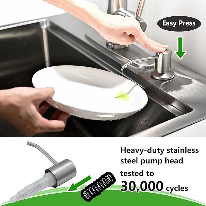 Built in Soap Dispenser for Kitchen Sink, Stainless Steel Brushed Nickel Countertop Pump Head, Dish Soap Hand Lotion Dispenser with Refillable 16.9oz Bottle