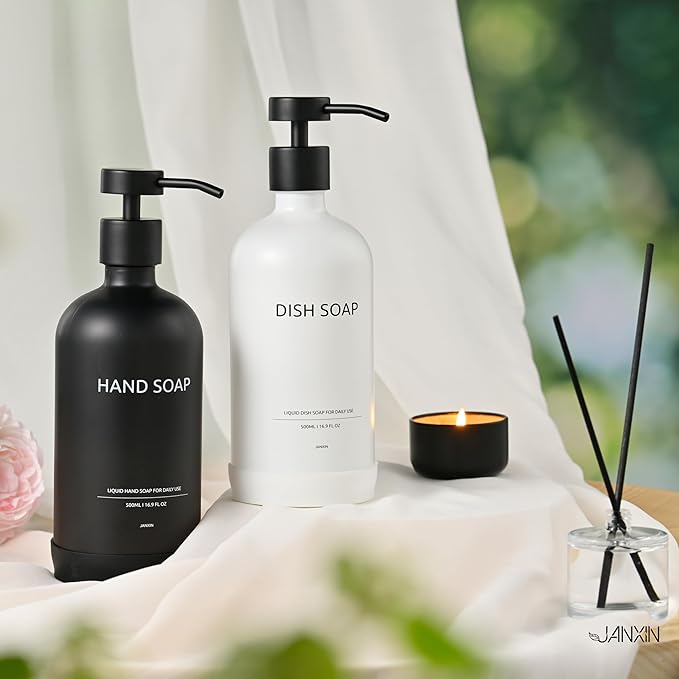Kitchen Soap Dispenser Set with Non-Slip Protective Silicone Pad,Hand Soap Dispenser for Kitchen and Bathroom Decor, White and Black Kitchen Accessories (White Bottles+Black Bottles)