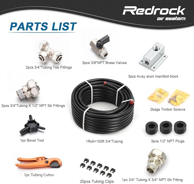 3/4" x 100 feet Shop Air Line Kit Compressed Air Piping System, HDPE Aluminum Tubing Air Compressor Hose kit for Garage, Rapid Air System Leak-Proof Easy to Install 200PSI ASTM F1282 Black