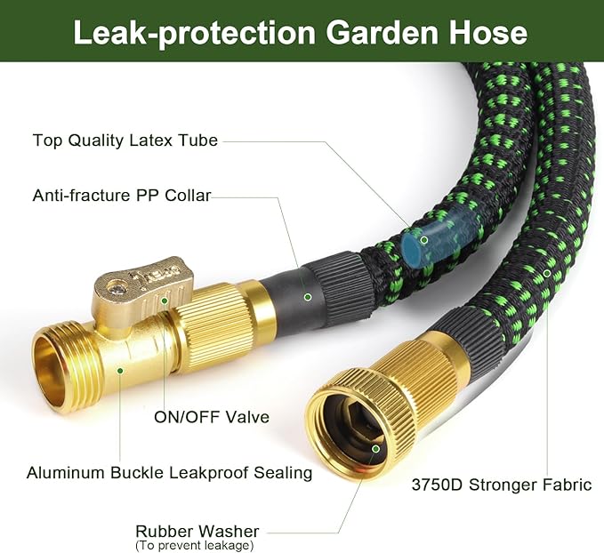 50 FT Expandable Garden Hose, Water Hose with 10-Function High-Pressure Spray Nozzle, Heavy Duty Flexible Hose, 3/4" Solid Brass Fitting