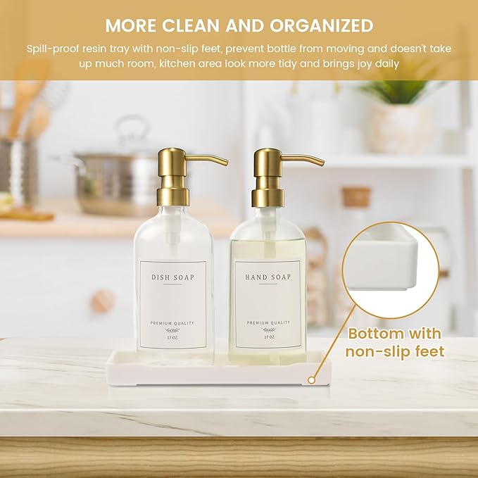 Glass Soap Dispenser for Kitchen Sink,Farmhouse Dish Soap Dispenser&Hand Soap Dispenser Set,Rustproof Pump Lotion Dispenser Bathroom with Tray,Waterproof Label for Kitchen Decor(Clear