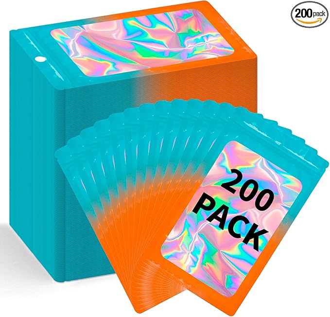 200 Pack Resealable Mylar Holographic Bags Food Storage Smell Proof Bags with Front Window Foil Packaging Pouch for Candy Sample Jewelry Small Business 3.54×6.29 Inch, Blue Fade Orange