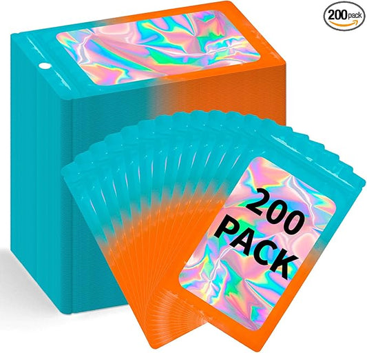 200 Pack Resealable Mylar Holographic Bags Food Storage Smell Proof Bags with Front Window Foil Packaging Pouch for Candy Sample Jewelry Small Business 3.54×6.29 Inch, Blue Fade Orange