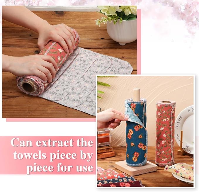 Redbaker 50 Pcs Reusable Paper Towels Paperless Reusable Cotton Cloths Toilet Absorbent Washable Paper Towels with Roll Kitchen Dishcloth for Kitchen Paperless Dishcloths(Vintage)