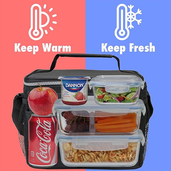 opux Insulated Lunch Bag for Men Women, Leakproof Black Lunch Box for Work, Portable Soft Lunch Cooler Bag with Shoulder Strap, Adult Lunchbox Lunch Pail for Kid Boy Girl School, 14 Can/8L
