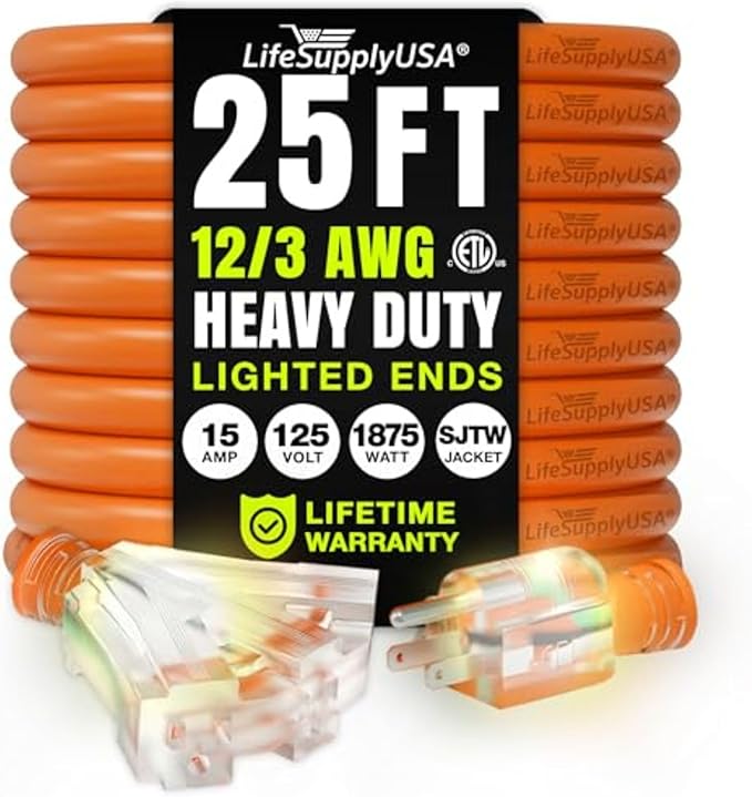 25ft Outdoor/Indoor Extension Cord 3-Outlet 12/3 Gauge Extra Heavy Duty ETL Listed, 3 Prong SJTW, Waterproof, Flexible Cold-Resistant Long Power Cord,15A 125V 1875W, Orange by LifeSupplyUSA