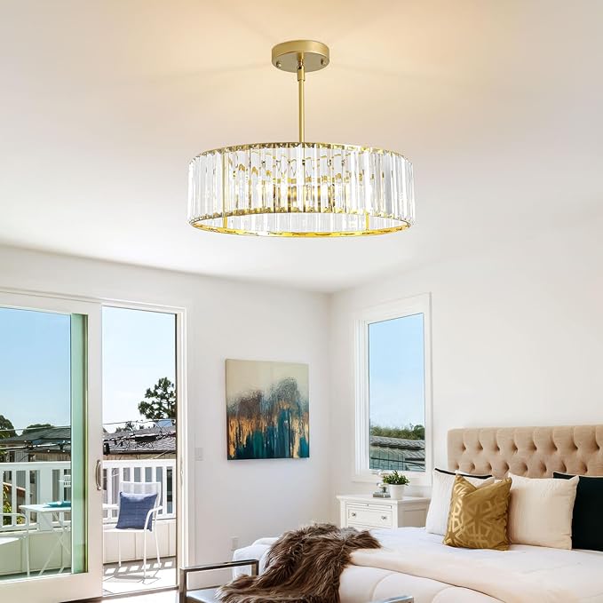 Modern Crystal Chandelier for Dining Room,16 Inch Gold Semi Flush Mount Ceiling Light Fixture,Round Kitchen Hanging Drum Pendant Lights Ceiling for Bedroom Foyer Hallway， 4-Light