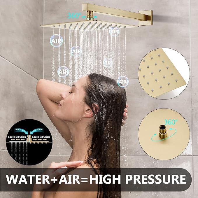 Shower Faucet Set Rainfall Shower System with Square Showerhead and Handle Set Fixture with 2 in 1 Function Handheld Sprayer Wall Mounted Trim Repair Kit Rough-in Valve 12 Inch Brushed Gold