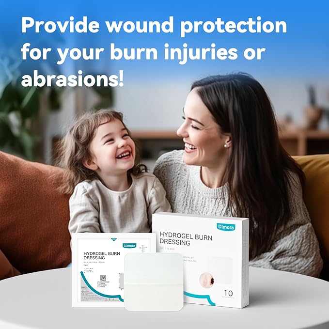 Dimora Hydrogel Burn Dressing 4" x 4" - Burn and Wound Dressing Instant Cooling Relief for Minor Burns & Wounds, Soothing Moist Burn Pads for 1st-2nd Degree Burns, Cuts, Abrasions(10 Count)