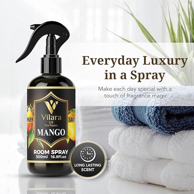 Vilara US Room Spray Freshener – Long-Lasting Luxury Perfume Scent, Linen & Fabric Spray for Bedding, Furniture, Home & Bedroom Aromatherapy – 16.9 fl oz (Mango Pack 3)