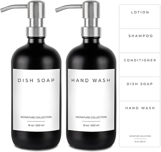 Emerson Glass Soap Dispenser Set - Kitchen & Bathroom, 2 Pack with Pump and Labels - 16 Oz
