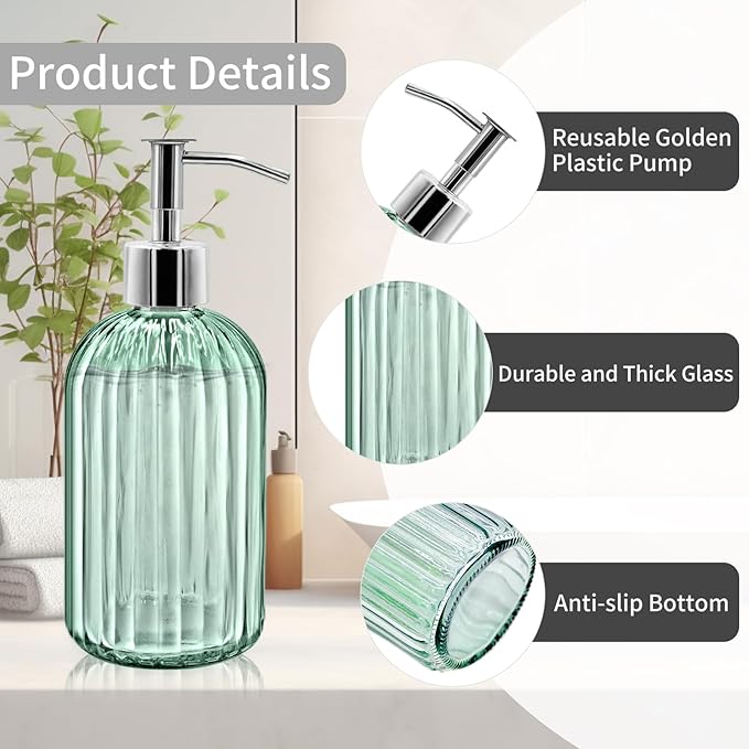 2 Pack Glass Soap Dispenser Bottle with Pump, 14 Oz Refillable Liquid Hand Jar Dispenser for Bathroom, Countertop, Kitchen, Laundry Room (Light Green)