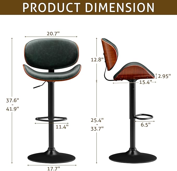 Bar Stools Set of 2 Adjustable Swivel Bentwood Barstools PU Leather Modern Bar Chairs with Back & Footrest for Bar, Kitchen Island, Dining Room (Grenn, Set of 2)
