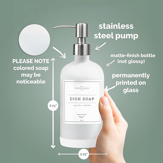 Vine Creations White Glass Soap Dispenser, 2 Pack Kitchen Soap Dispenser Set with Stainless Steel Pump, 16 oz Dish Soap and Hand Soap Dispensers for Bathroom with Waterproof Labels